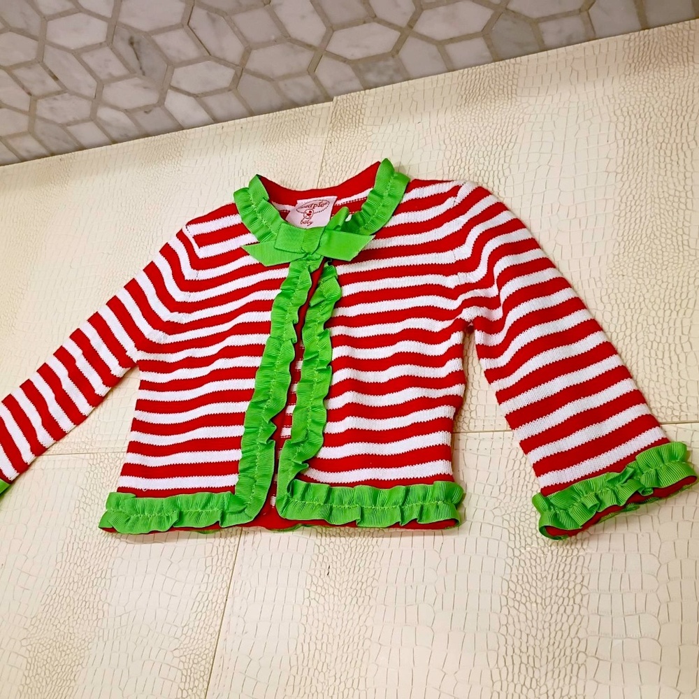 New (Sold Out) Mud Pie Girls, Red White Striped Sweater/Green Ribbon-0 to 6 mos.